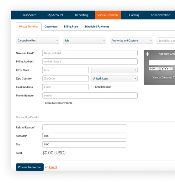 CardPointe virtual terminal — process manual card payments after CardConnect login without hardware